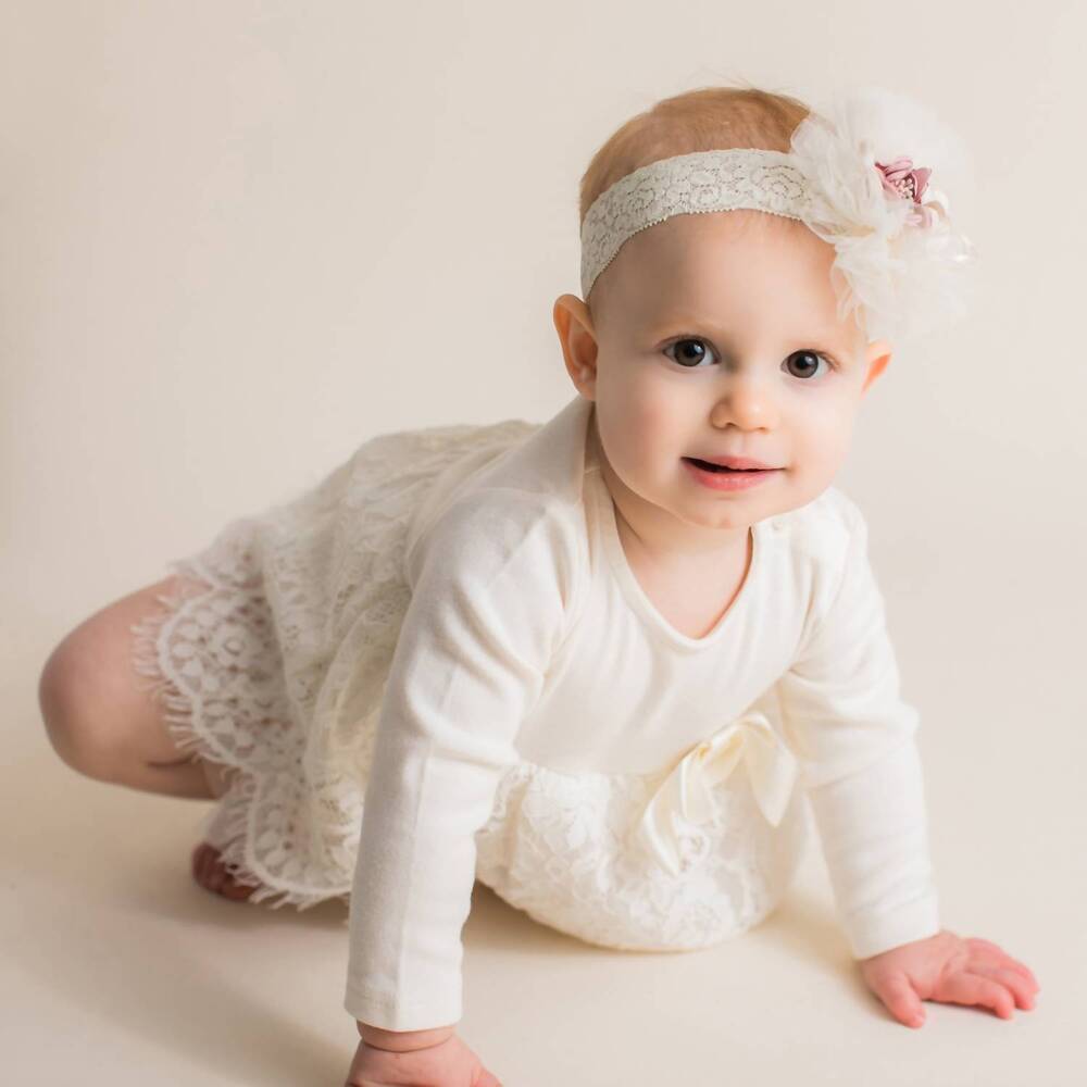 NEW MAE LI ROSE emily lace and bow onesie in ivory